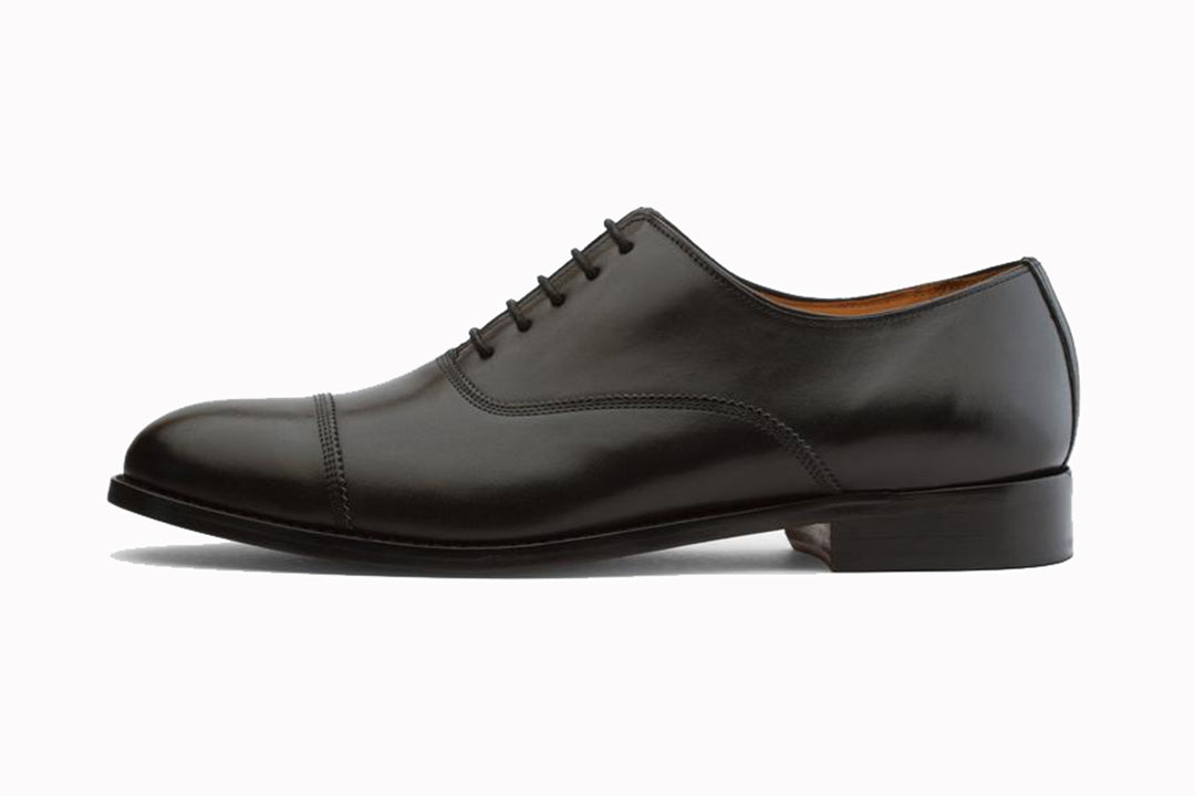 Black Leather Formal Toe Cap Oxford Lace Up Shoes for Men with Leather Sole. Goodyear Welted Construction Available.