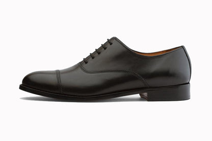 Black Leather Formal Toe Cap Oxford Lace Up Shoes for Men with Leather Sole. Goodyear Welted Construction Available.
