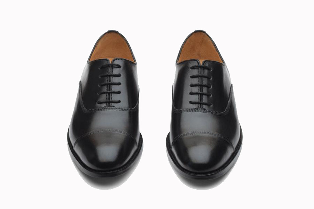 Black Leather Formal Toe Cap Oxford Lace Up Shoes for Men with Leather Sole. Goodyear Welted Construction Available.