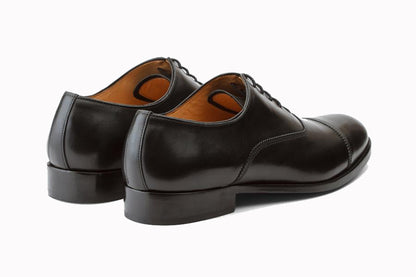 Black Leather Formal Toe Cap Oxford Lace Up Shoes for Men with Leather Sole. Goodyear Welted Construction Available.