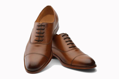 Tan Brown Leather Formal Toe Cap Oxford Lace Up Shoes for Men with Leather Sole. Goodyear Welted Construction Available.