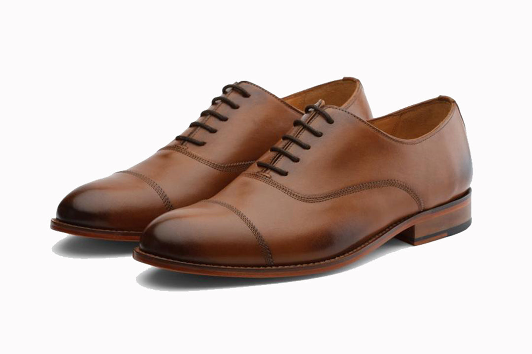 Tan Brown Leather Formal Toe Cap Oxford Lace Up Shoes for Men with Leather Sole. Goodyear Welted Construction Available.