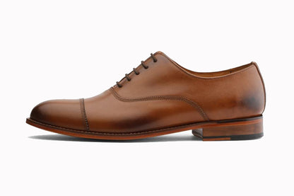 Tan Brown Leather Formal Toe Cap Oxford Lace Up Shoes for Men with Leather Sole. Goodyear Welted Construction Available.