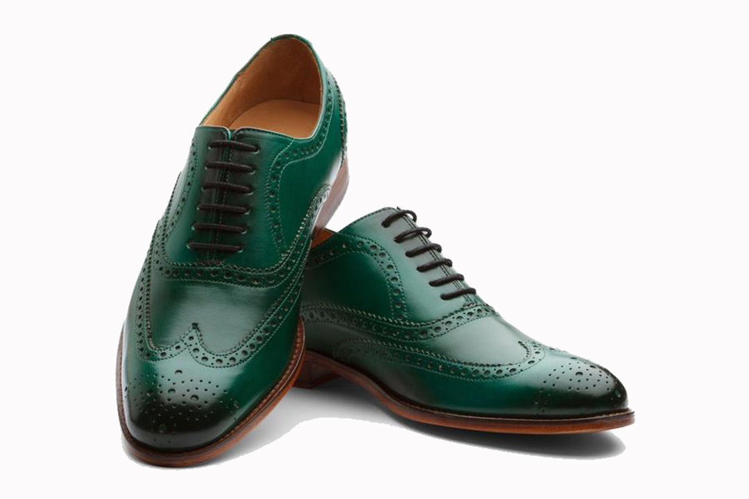 Turquoise Green Leather Formal Oxford Wingtip Brogue Lace Up Shoes for Men with Leather Sole. Goodyear Welted Construction Available.