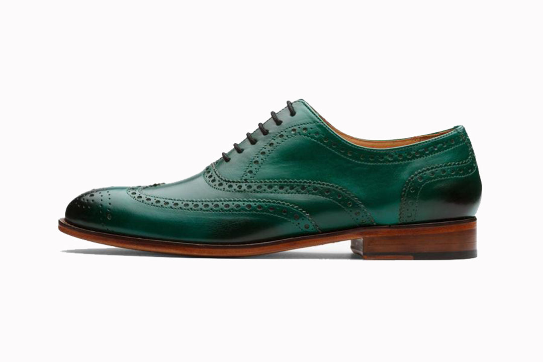 Turquoise Green Leather Formal Oxford Wingtip Brogue Lace Up Shoes for Men with Leather Sole. Goodyear Welted Construction Available.