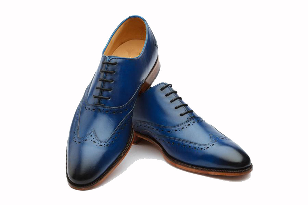 Navy Blue Leather Formal Oxford Wingtip Brogue Lace Up Shoes for Men with Leather Sole. Goodyear Welted Construction Available.