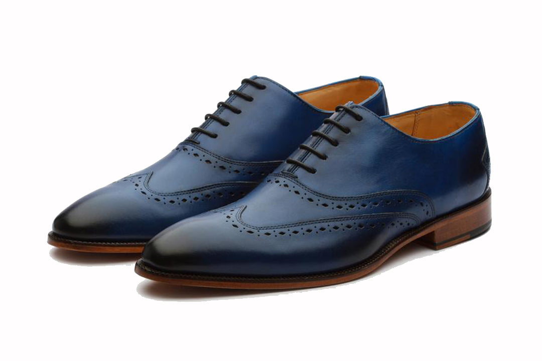 Navy Blue Leather Formal Oxford Wingtip Brogue Lace Up Shoes for Men with Leather Sole. Goodyear Welted Construction Available.