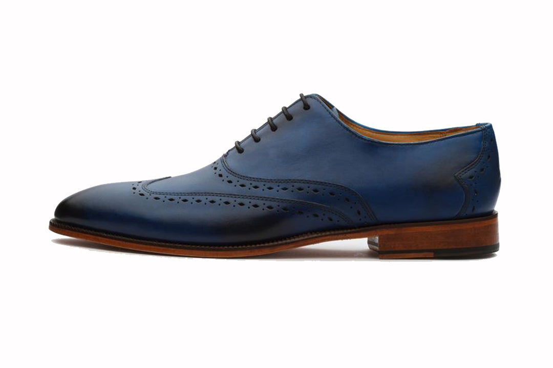 Navy Blue Leather Formal Oxford Wingtip Brogue Lace Up Shoes for Men with Leather Sole. Goodyear Welted Construction Available.