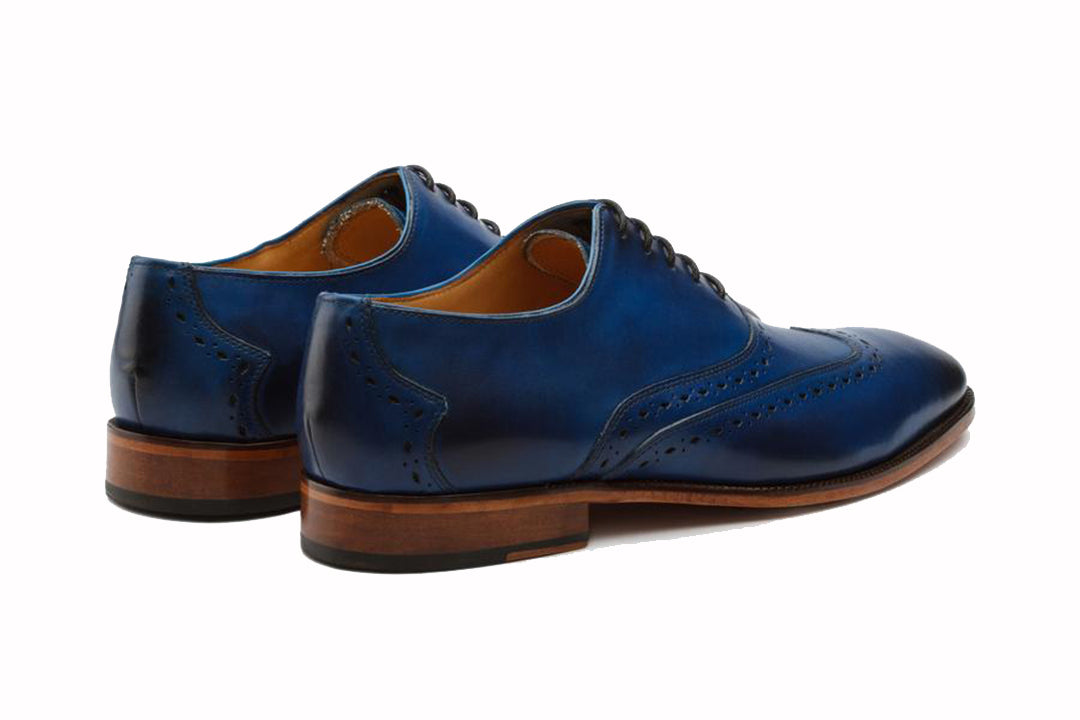 Navy Blue Leather Formal Oxford Wingtip Brogue Lace Up Shoes for Men with Leather Sole. Goodyear Welted Construction Available.