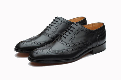 Black Leather Formal Oxford Wingtip Brogue Lace Up Shoes for Men with Leather Sole. Goodyear Welted Construction Available.