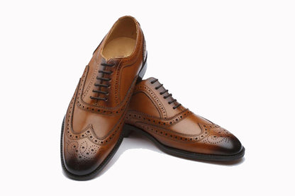 Tan Brown Leather Formal Oxford Wingtip Brogue Lace Up Shoes for Men with Leather Sole. Goodyear Welted Construction Available.