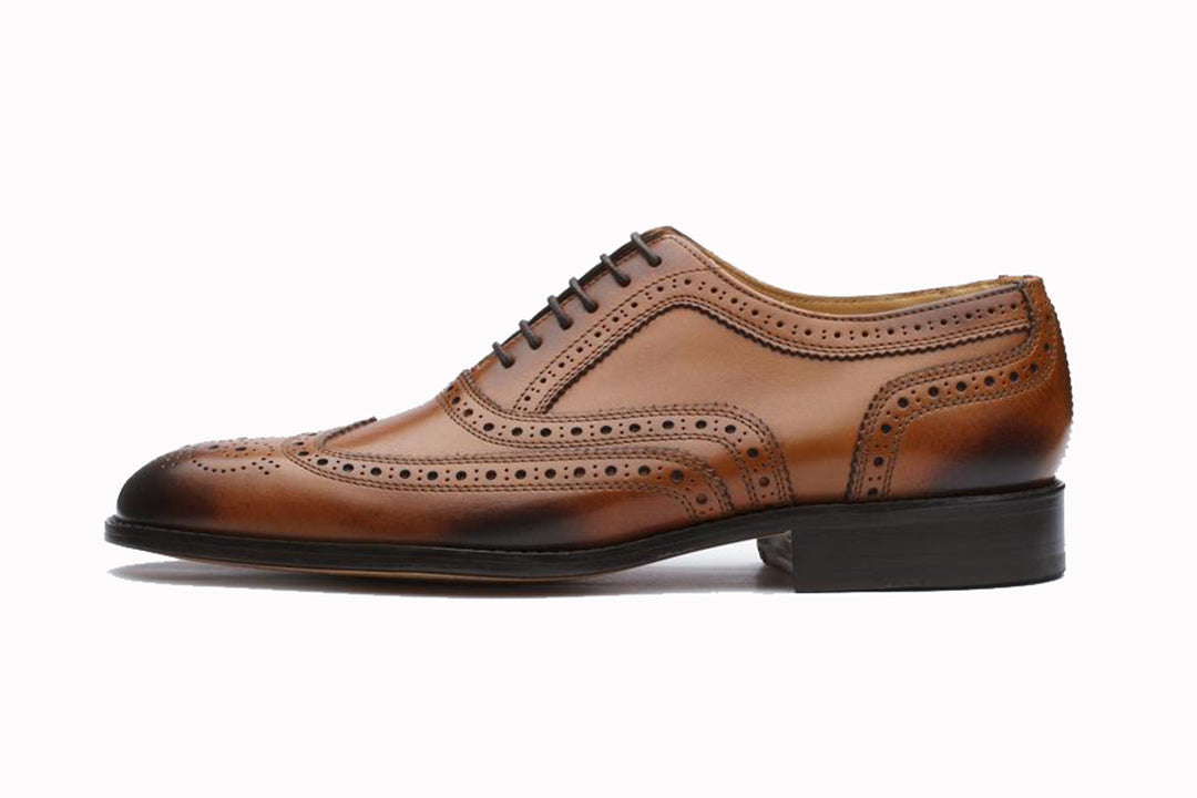 Tan Brown Leather Formal Oxford Wingtip Brogue Lace Up Shoes for Men with Leather Sole. Goodyear Welted Construction Available.