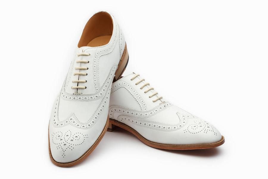 White Leather Formal Oxford Wingtip Brogue Lace Up Shoes for Men with Leather Sole. Goodyear Welted Construction Available.