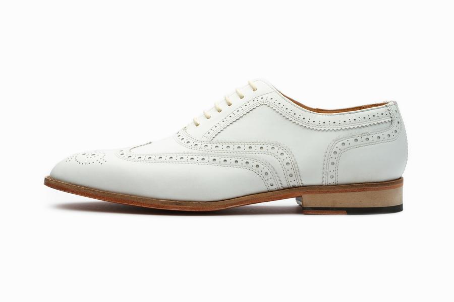 White Leather Formal Oxford Wingtip Brogue Lace Up Shoes for Men with Leather Sole. Goodyear Welted Construction Available.