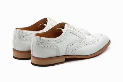 White Leather Formal Oxford Wingtip Brogue Lace Up Shoes for Men with Leather Sole. Goodyear Welted Construction Available.