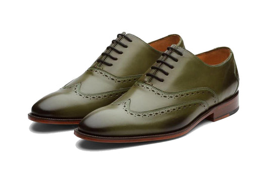 Olive Green Leather Formal Oxford Wingtip Brogue Lace Up Shoes for Men with Leather Sole. Goodyear Welted Construction Available.