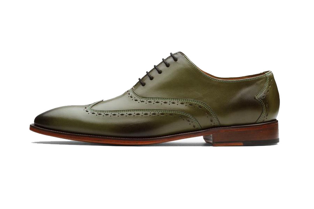 Olive Green Leather Formal Oxford Wingtip Brogue Lace Up Shoes for Men with Leather Sole. Goodyear Welted Construction Available.