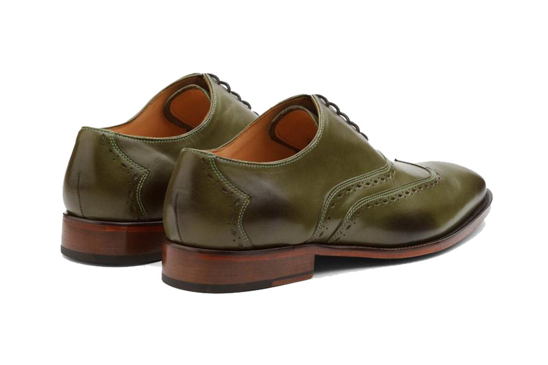 Olive Green Leather Formal Oxford Wingtip Brogue Lace Up Shoes for Men with Leather Sole. Goodyear Welted Construction Available.