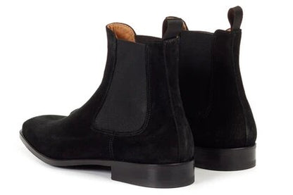 Black Suede Leather Formal Chelsea Boot Slip On Shoes for Men with Leather Sole. Goodyear Welted Construction Available.