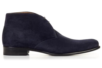Navy Blue Suede Leather Formal Chukka Boot Lace Up Shoes for Men with Leather Sole. Goodyear Welted Construction Available.