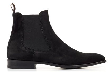 Black Suede Leather Formal Chelsea Boot Slip On Shoes for Men with Leather Sole. Goodyear Welted Construction Available.