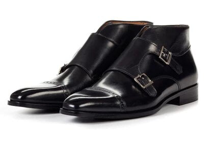 Black Leather Formal Toe Cap Double Monk Strap Buckle Boot Shoes for Men with Leather Sole. Goodyear Welted Construction Available.