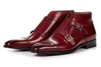 Burgundy Leather Formal Toe Cap Double Monk Strap Buckle Boot Shoes for Men with Leather Sole. Goodyear Welted Construction Available.