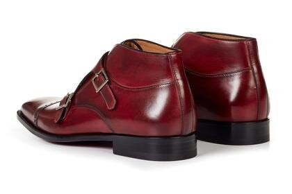 Burgundy Leather Formal Toe Cap Double Monk Strap Buckle Boot Shoes for Men with Leather Sole. Goodyear Welted Construction Available.