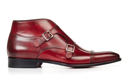 Burgundy Leather Formal Toe Cap Double Monk Strap Buckle Boot Shoes for Men with Leather Sole. Goodyear Welted Construction Available.