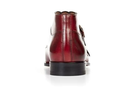 Burgundy Leather Formal Toe Cap Double Monk Strap Buckle Boot Shoes for Men with Leather Sole. Goodyear Welted Construction Available.