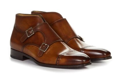 Tan Leather Formal Toe Cap Double Monk Strap Buckle Boot Shoes for Men with Leather Sole. Goodyear Welted Construction Available.