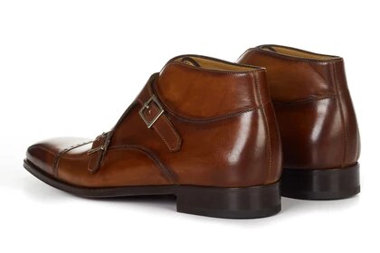 Tan Leather Formal Toe Cap Double Monk Strap Buckle Boot Shoes for Men with Leather Sole. Goodyear Welted Construction Available.