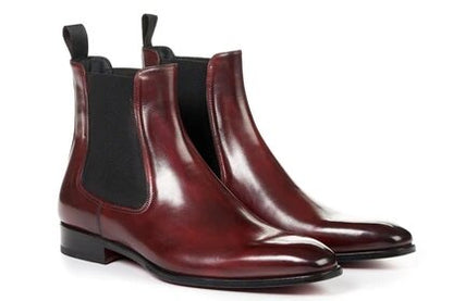 Burgundy Ox Blood Red Leather Formal Chelsea Boot Slip On Shoes for Men with Leather Sole. Goodyear Welted Construction Available.
