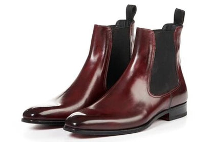Burgundy Ox Blood Red Leather Formal Chelsea Boot Slip On Shoes for Men with Leather Sole. Goodyear Welted Construction Available.