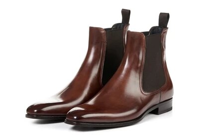 Brown Leather Formal Chelsea Boot Slip On Shoes for Men with Leather Sole. Goodyear Welted Construction Available.