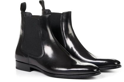 Black Leather Formal Chelsea Boot Slip On Shoes for Men with Leather Sole. Goodyear Welted Construction Available.