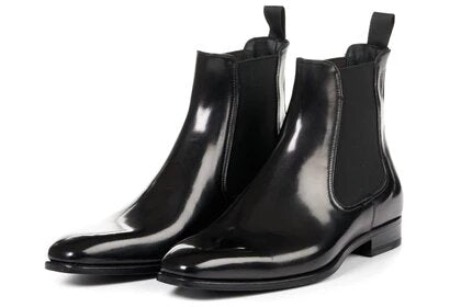 Black Leather Formal Chelsea Boot Slip On Shoes for Men with Leather Sole. Goodyear Welted Construction Available.