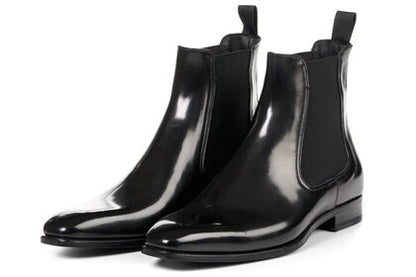 Black Leather Formal Chelsea Boot Slip On Shoes for Men with Leather Sole. Goodyear Welted Construction Available.