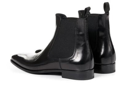Black Leather Formal Chelsea Boot Slip On Shoes for Men with Leather Sole. Goodyear Welted Construction Available.