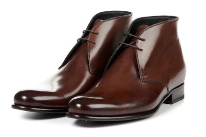 Tan Brown Patina Finish Leather Formal Chukka Boot Lace Up Shoes for Men with Leather Sole. Goodyear Welted Construction Available.