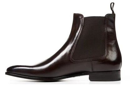 Dark Brown Leather Formal Chelsea Boot Slip On Shoes for Men with Leather Sole. Goodyear Welted Construction Available.