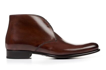 Tan Brown Patina Finish Leather Formal Chukka Boot Lace Up Shoes for Men with Leather Sole. Goodyear Welted Construction Available.