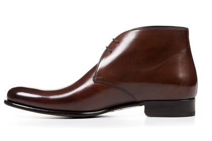 Tan Brown Patina Finish Leather Formal Chukka Boot Lace Up Shoes for Men with Leather Sole. Goodyear Welted Construction Available.