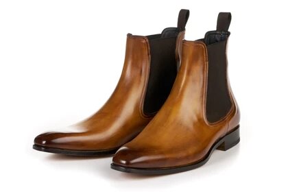 Light Tan Leather Formal Chelsea Boot Slip On Shoes for Men with Leather Sole. Goodyear Welted Construction Available.