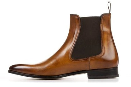 Light Tan Leather Formal Chelsea Boot Slip On Shoes for Men with Leather Sole. Goodyear Welted Construction Available.
