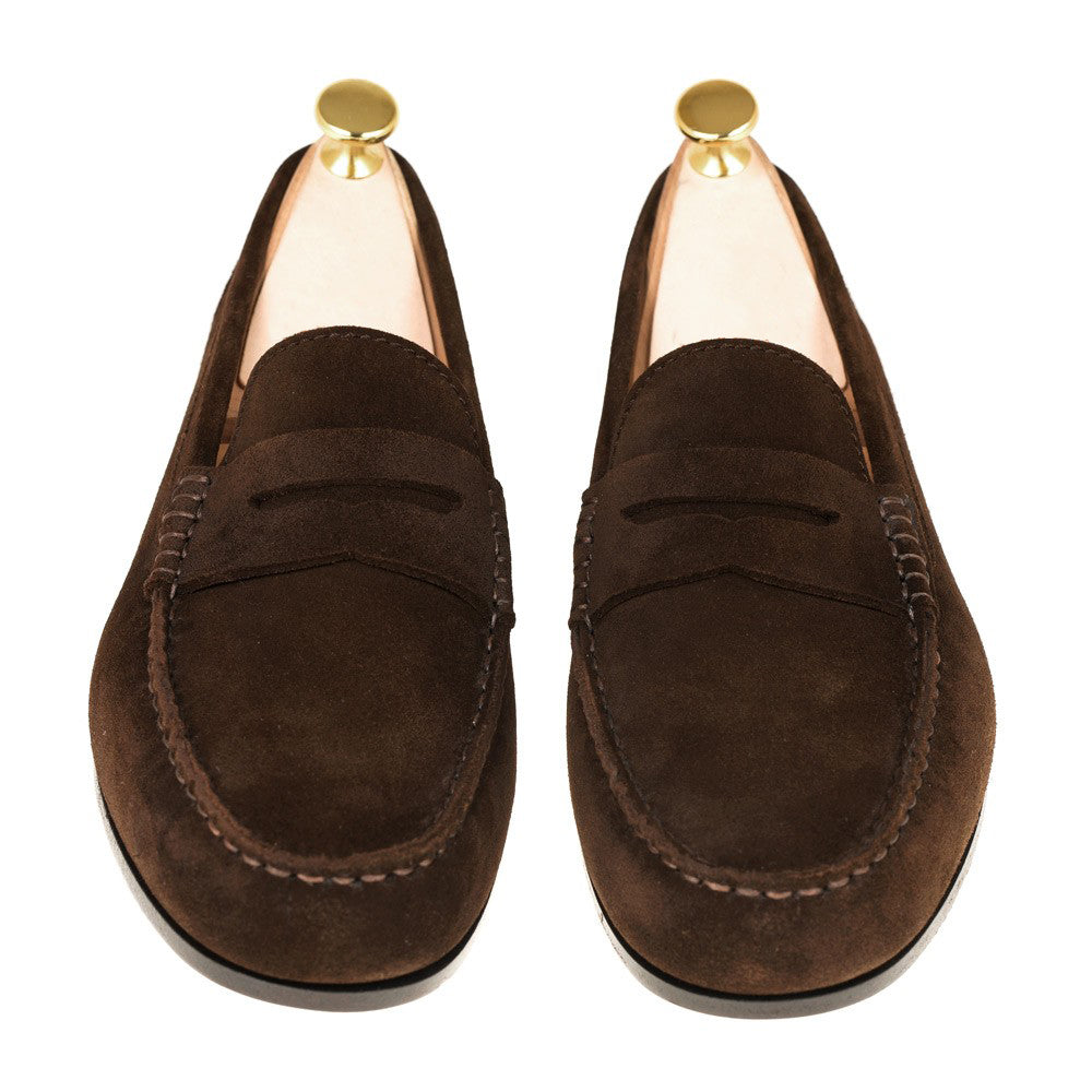 Dark Brown Suede Leather Formal Penny Loafer Slip On Shoes for Men with Leather Sole. Goodyear Welted Construction Available.
