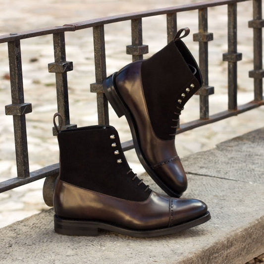 Dark Brown Leather Brown Suede Formal Lace Up Toe Cap Boot Shoes for Men with Leather Sole. Goodyear Welted Construction Available.