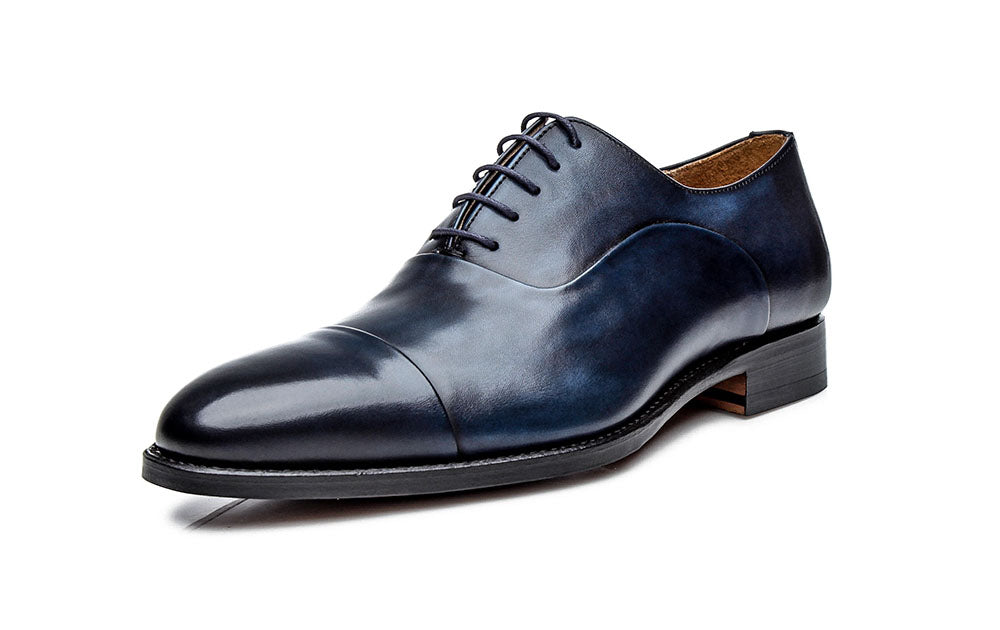 Navy Blue Patina Finish Leather Formal Toe Cap Oxford Lace Up Shoes for Men with Leather Sole. Goodyear Welted Construction Available.
