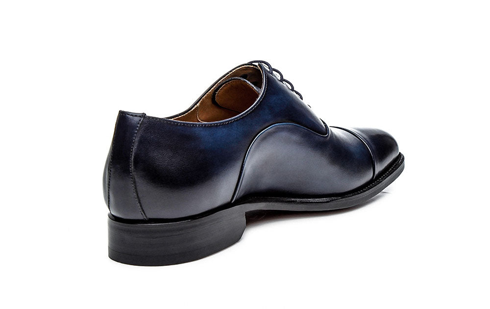 Navy Blue Patina Finish Leather Formal Toe Cap Oxford Lace Up Shoes for Men with Leather Sole. Goodyear Welted Construction Available.