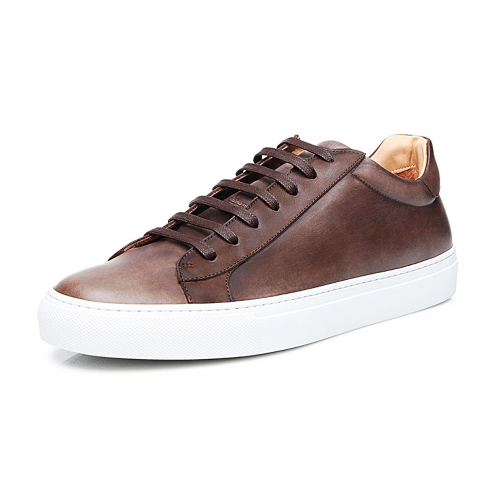 Brown Patina Finish Leather Low Top Lace Up Sneaker for Men. White Comfortable Cup Sole.